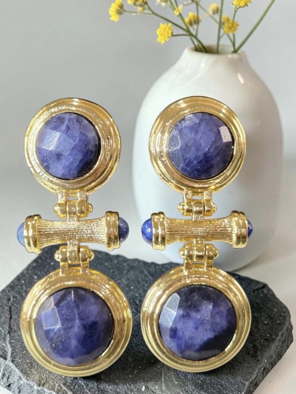 18k Gold Plated Genuine Sapphire & Lapis Lazuli Byzantine Doorknocker Earrings